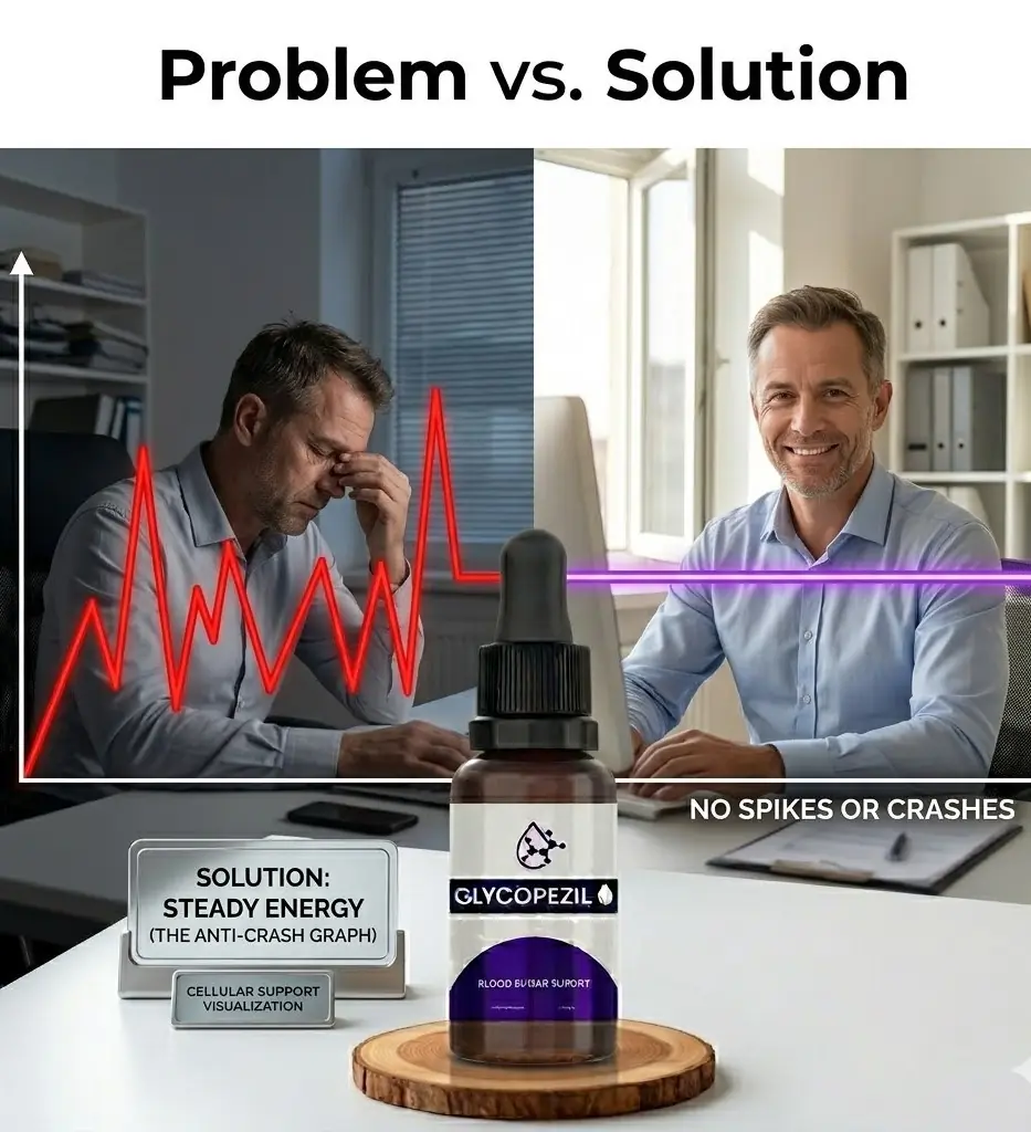 GlycoPezil benefits showing problem vs solution for energy balance